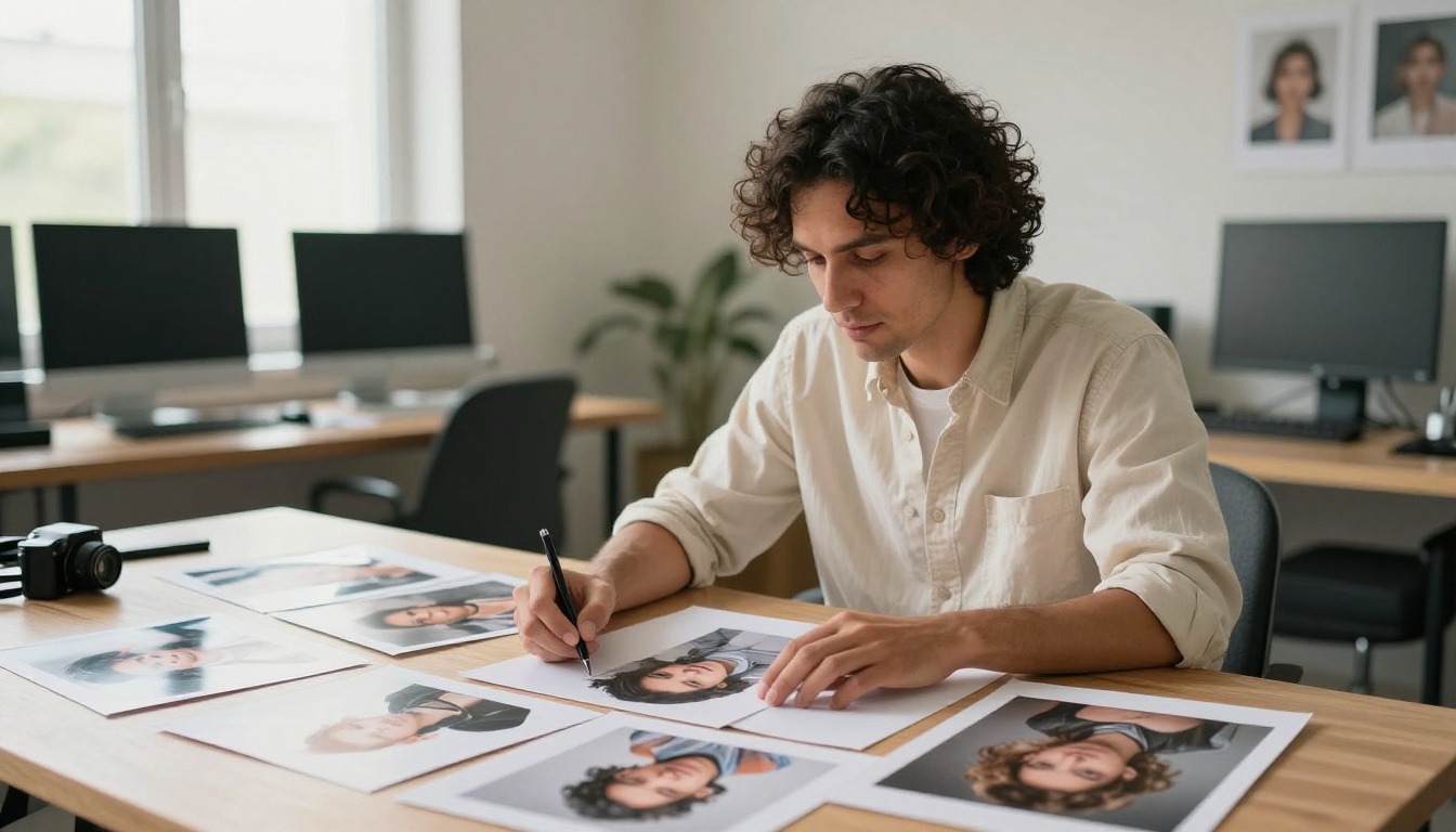 Creative professional reviewing AI-generated photographic output at a studio desk