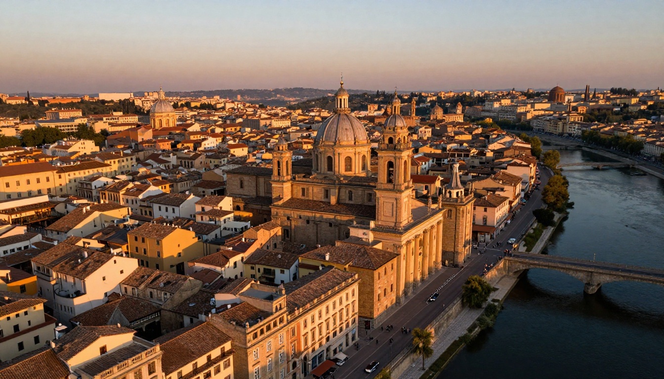 Aerial golden hour cityscape demonstrating AI photorealistic landscape generation capability