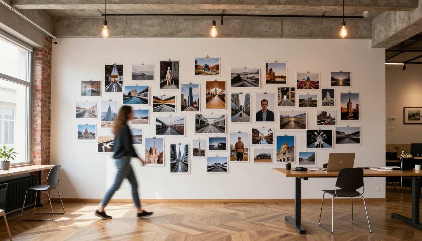 Creative agency gallery wall showcasing printed photorealistic AI images in a studio