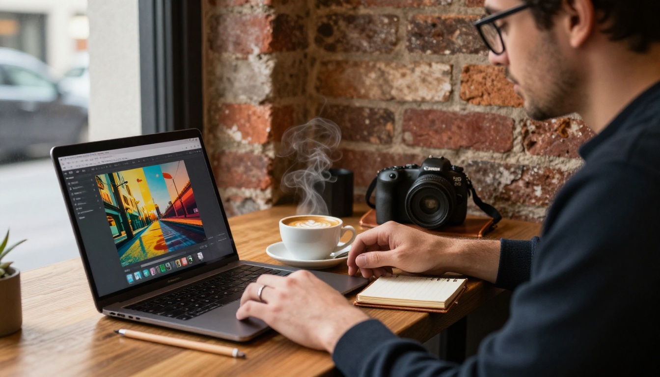 Man using AI image generation on a laptop in a warm coffee shop setting