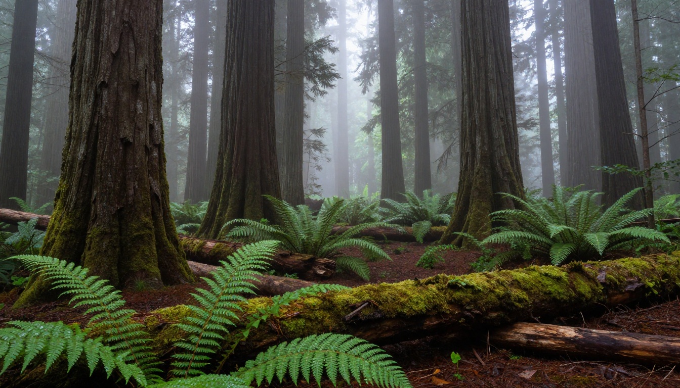 Misty ancient redwood forest at dawn with volumetric light shafts, photorealistic 8K photography
