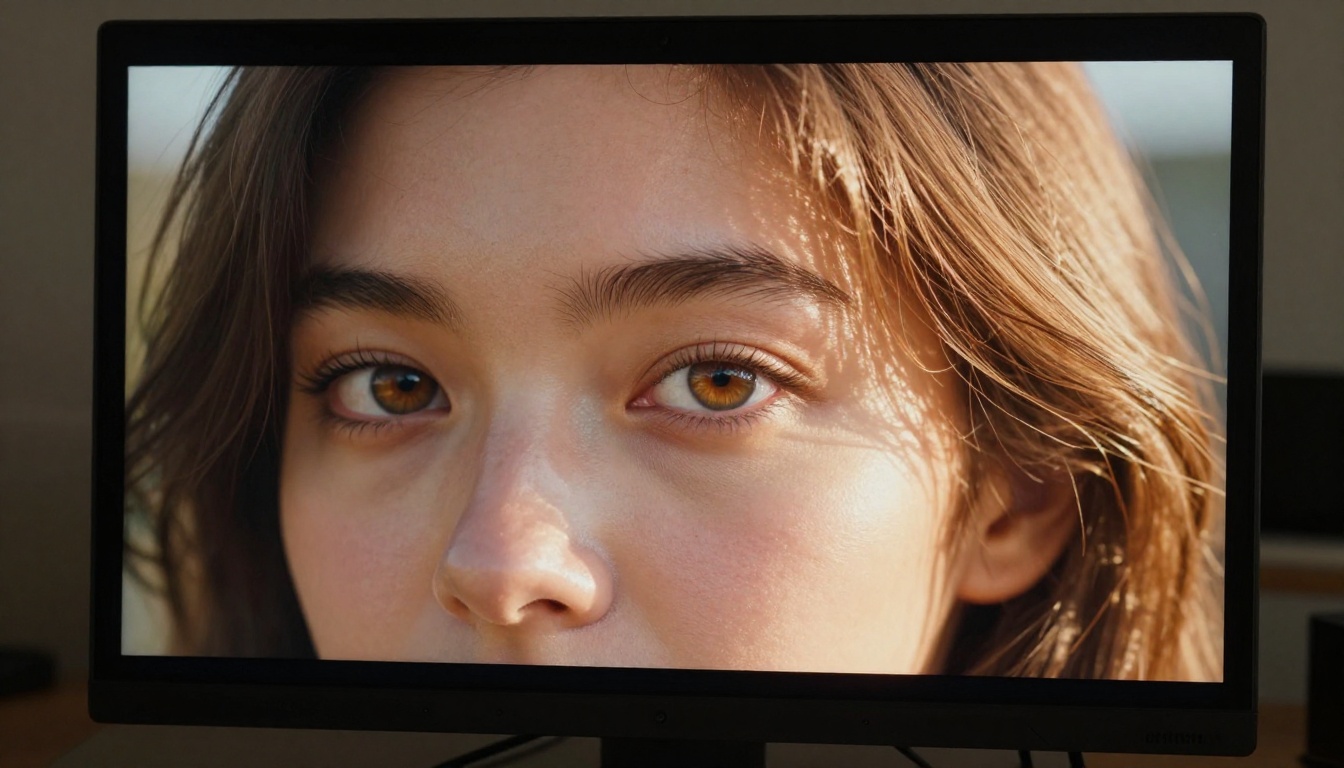 Extreme close-up of a high-resolution professional monitor displaying a strikingly photorealistic AI-generated portrait of a young woman with fine skin pore detail and individual hair strands catching warm afternoon light