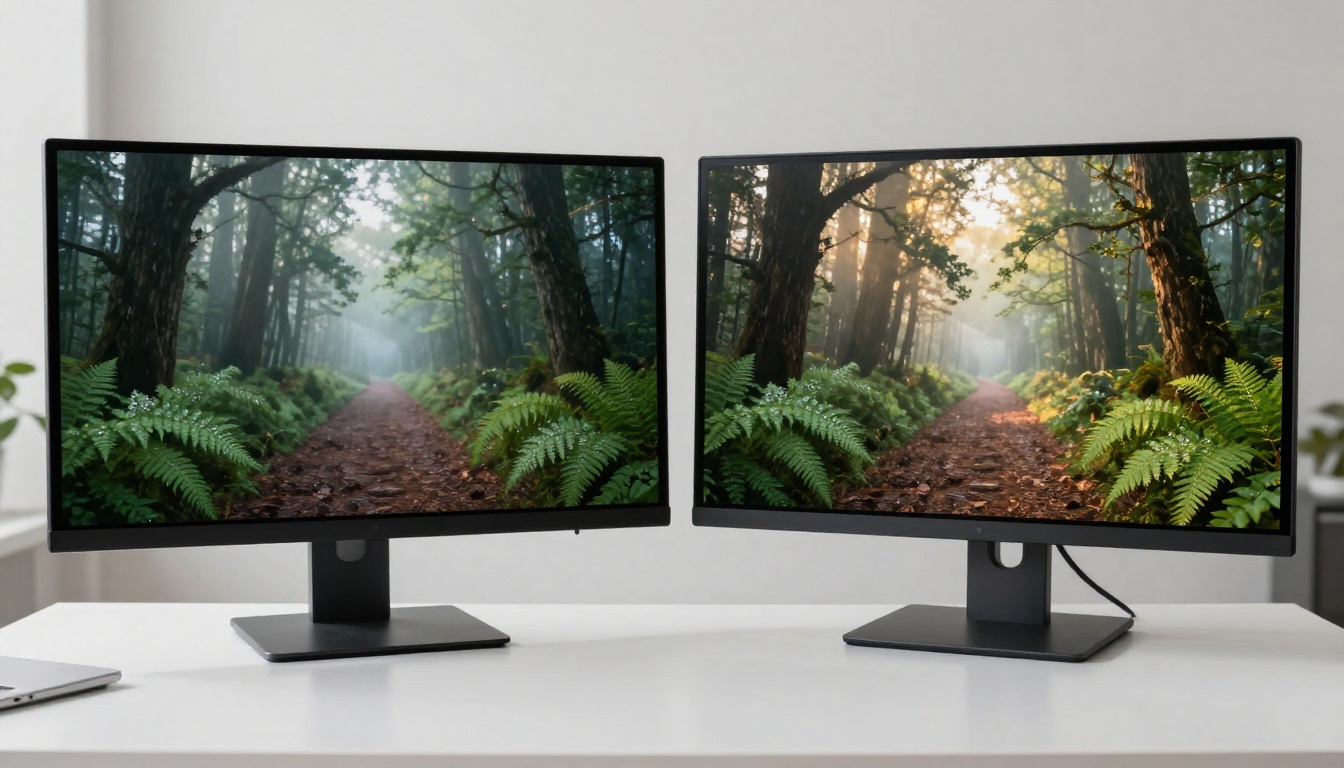 Two professional monitors side by side, one showing a blurry low-quality AI image and the other showing a crisp 4K photorealistic version of the same forest scene