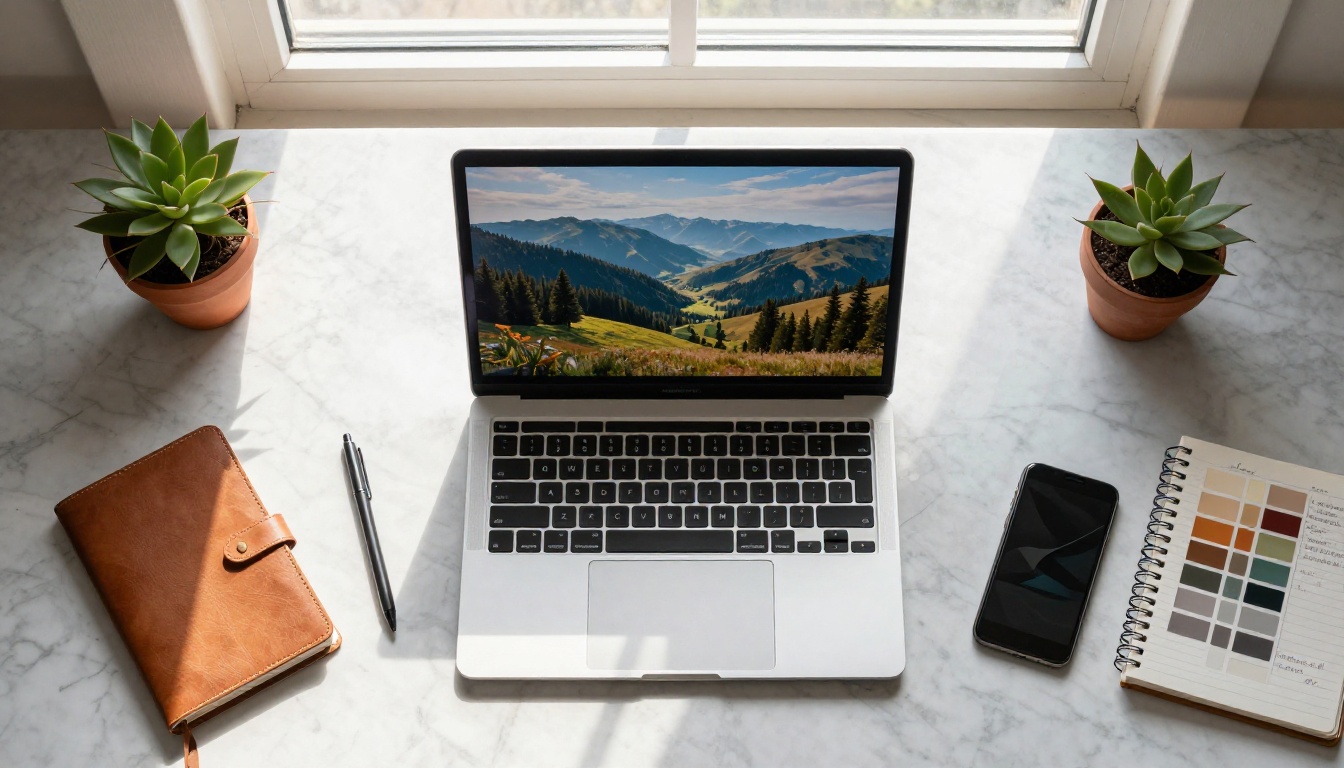 Aerial overhead flat-lay of a creative workspace with a MacBook Pro showing a 4K AI-generated landscape, surrounded by design tools, a sketchbook, and plants on white marble