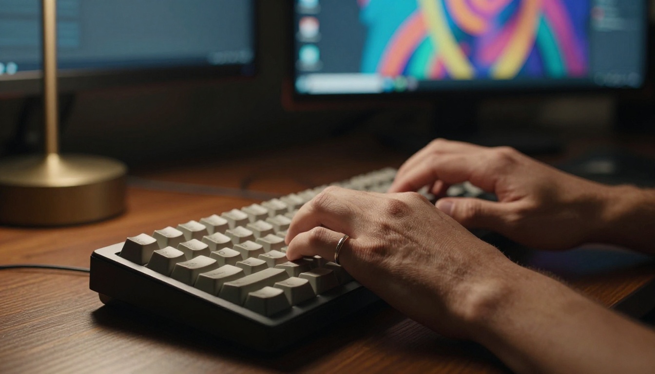 Close-up of hands typing on a mechanical keyboard in a dimly lit studio, fingers caught mid-keystroke with fingerprint texture and knuckle detail visible, a warm tungsten desk lamp at left, blurred glowing monitor in background