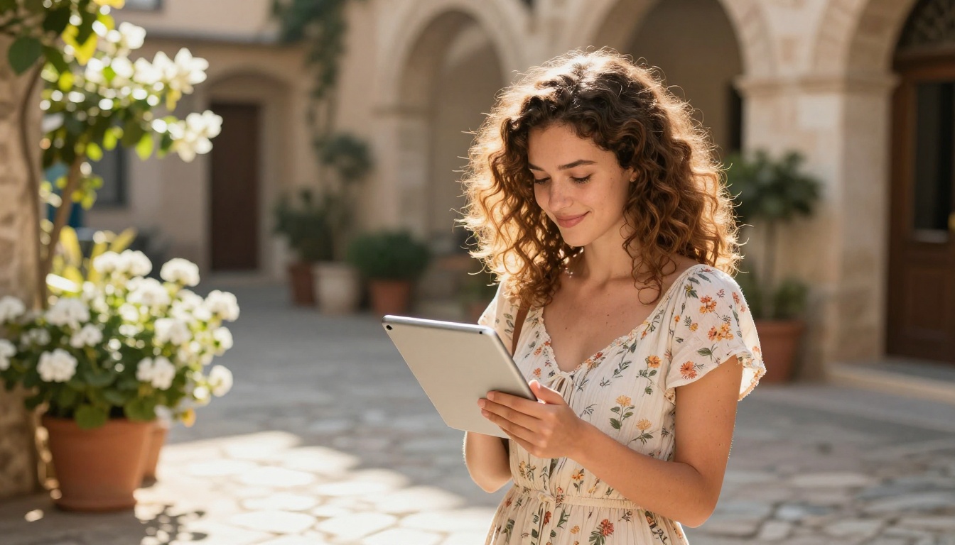 A young woman in a light floral sundress in a sunlit Mediterranean courtyard, smiling at a tablet she holds with both hands, bougainvillea and cobblestones surrounding her, warm golden afternoon light from the left