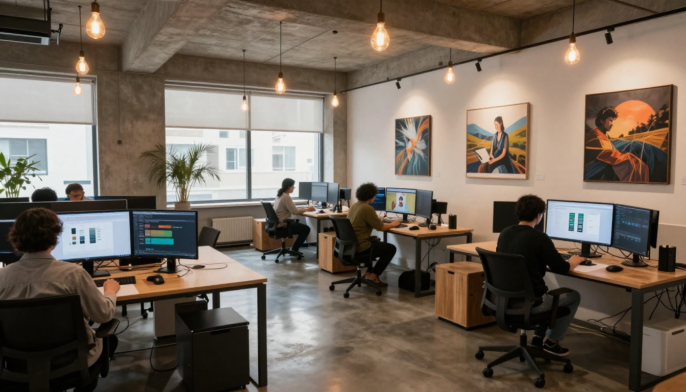 A modern creative agency interior with four designers at standing desks, each screen showing vivid AI-generated imagery, exposed concrete ceilings, pendant Edison lights, gallery wall featuring printed AI artworks in thin metal frames