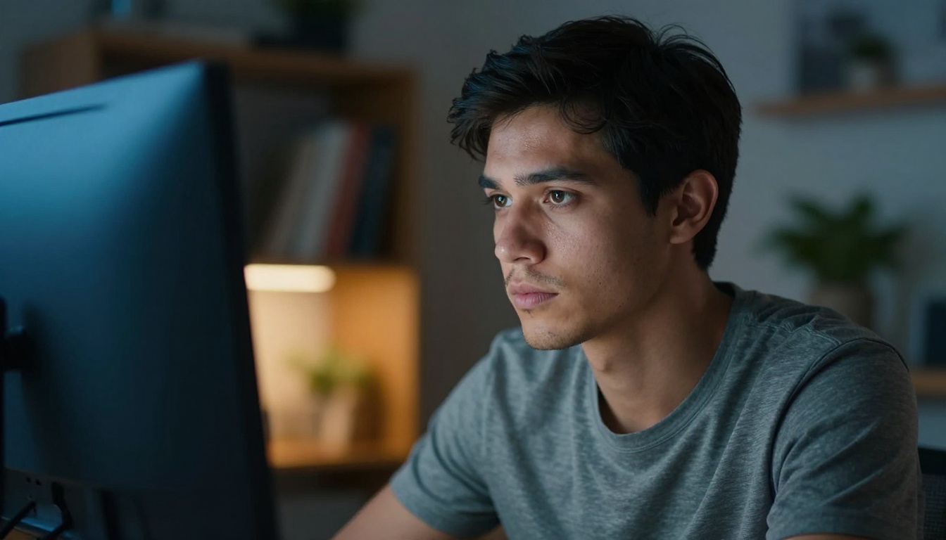 Close-up portrait of a focused young man at a workstation, split-tone lighting from monitor glow and desk lamp, cool blue on the right side of his face and warm amber on the left, 85mm lens with razor-sharp bokeh background