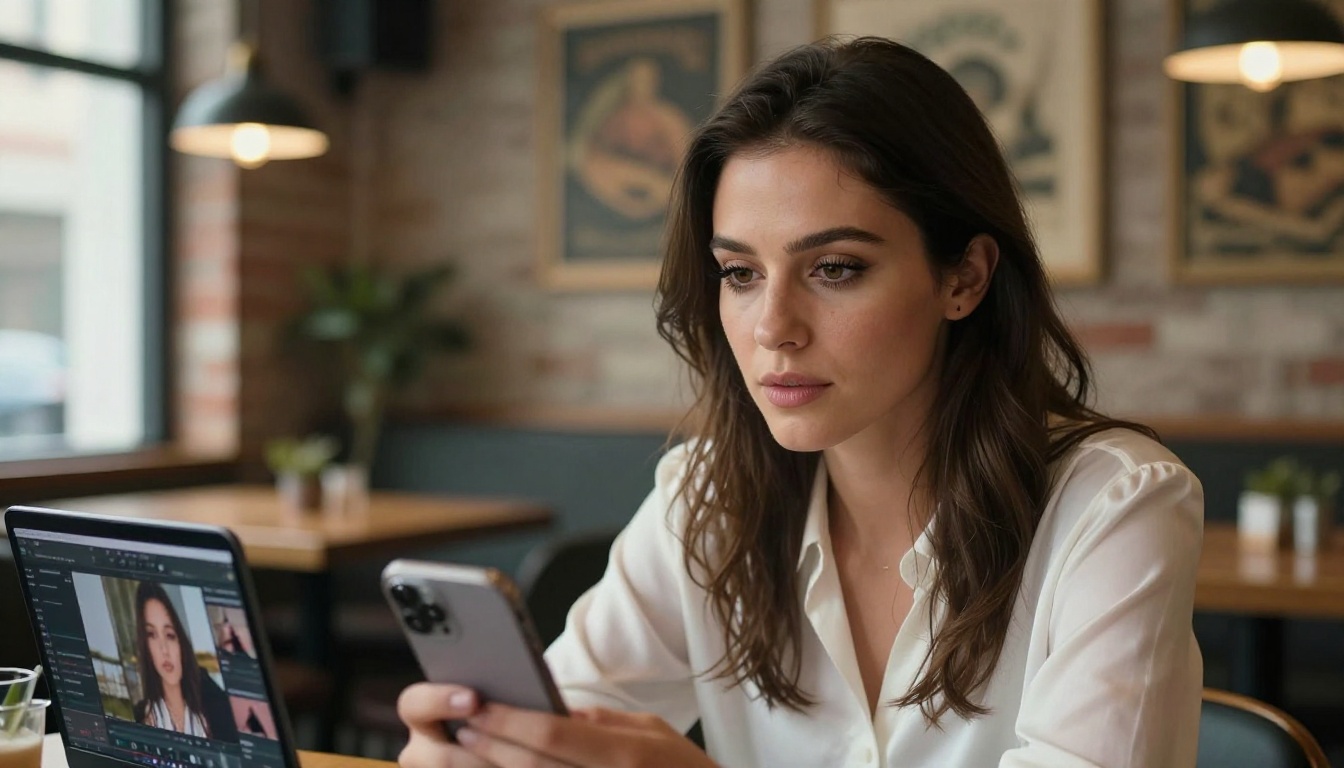 Woman reviewing AI image editing results