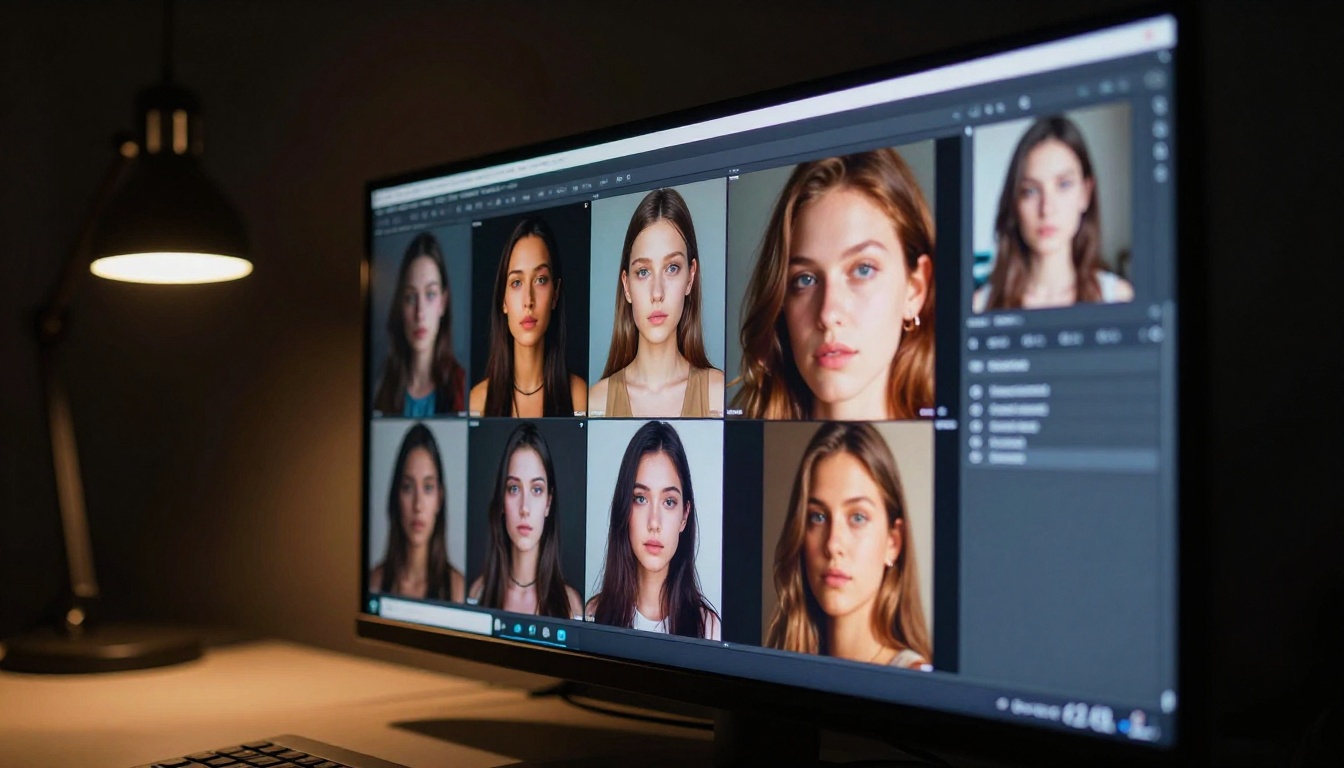 AI-generated images displayed on a professional monitor
