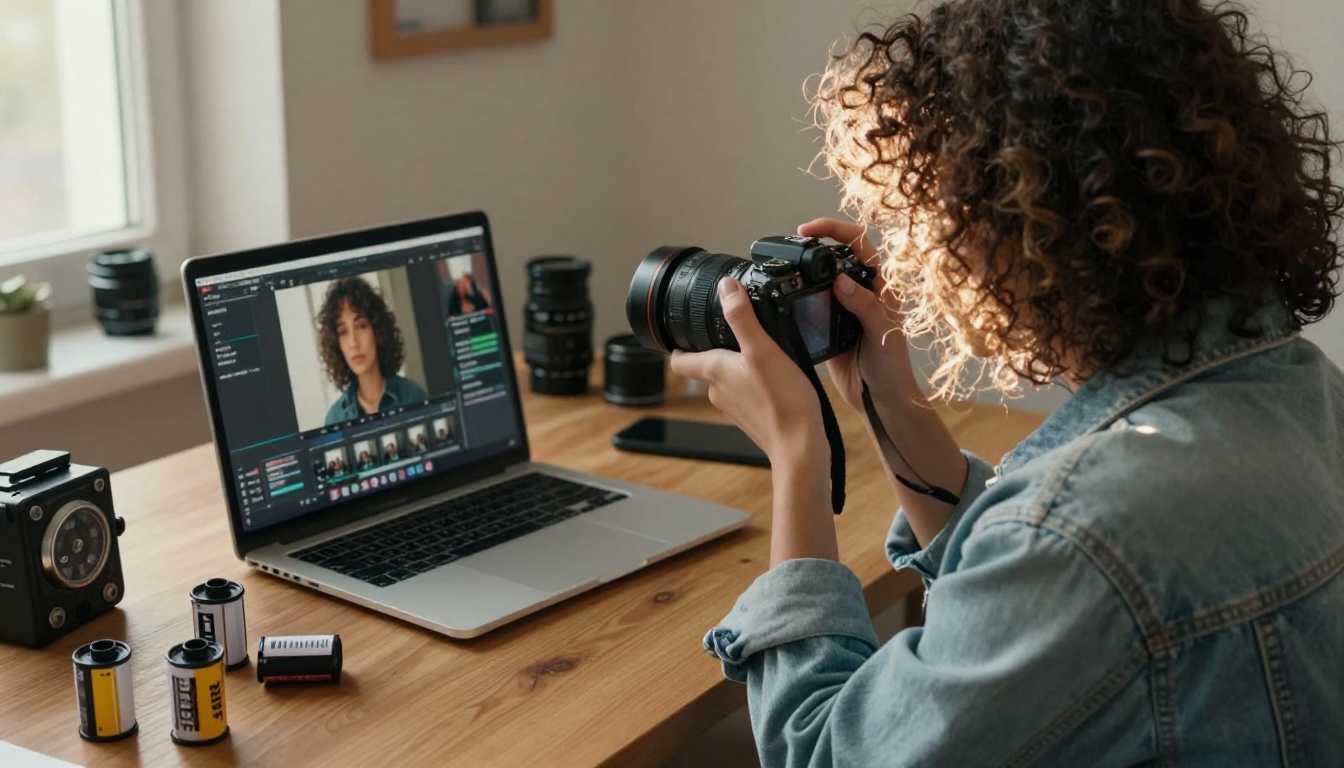 Photographer comparing AI tools with traditional editing on camera