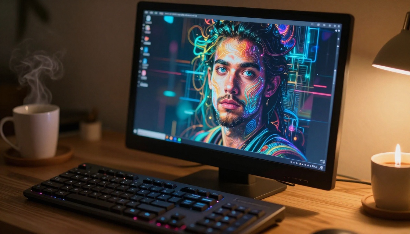 AI-generated artwork displayed on a glowing computer screen in a creative studio workspace