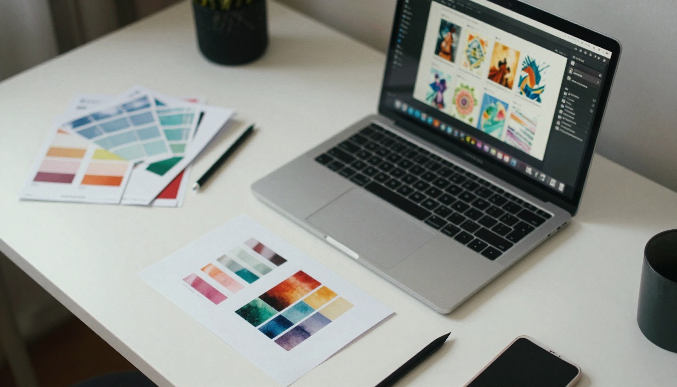 Aerial flat-lay of a creative desk workspace with laptop showing AI art thumbnails and scattered color swatches