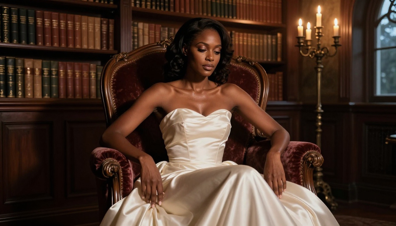 Woman in ivory satin gown at candlelit baroque library Woman in ivory satin gown at candlelit baroque library