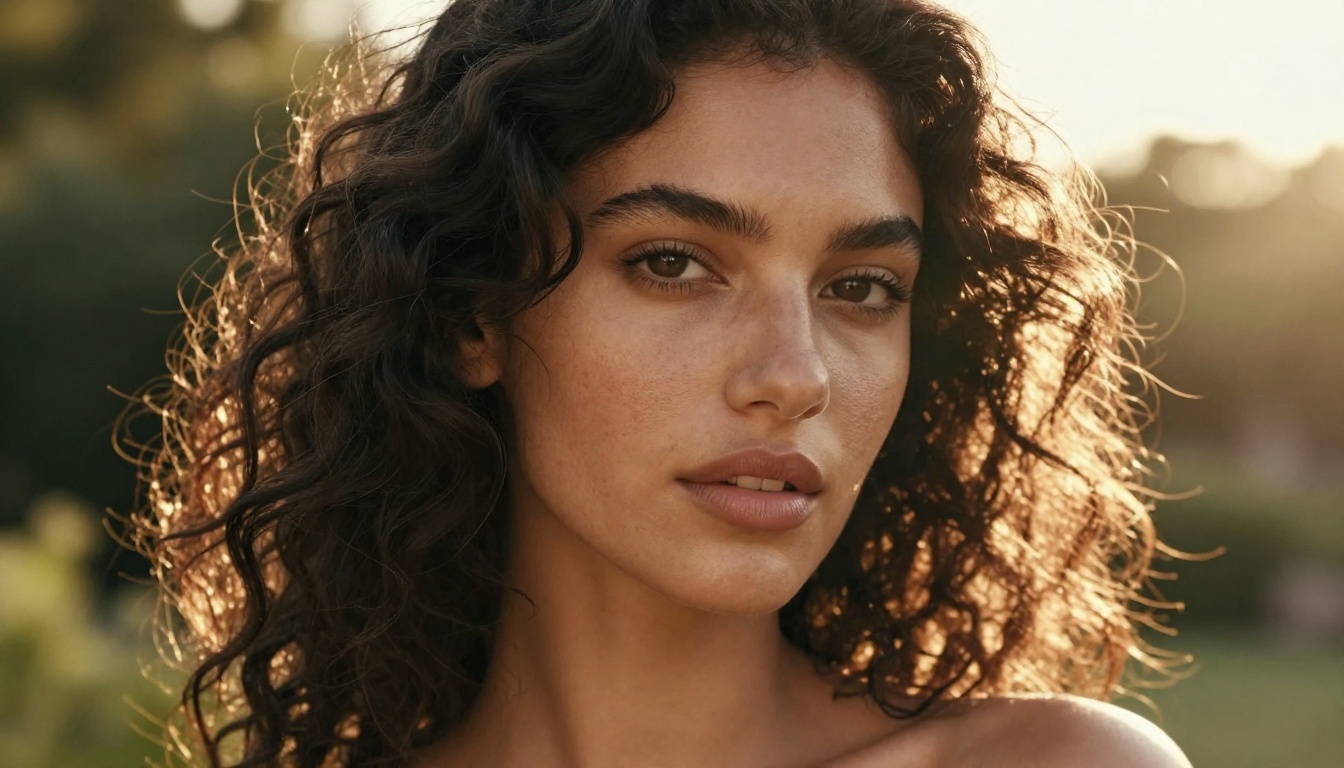 Close-up portrait of a woman with natural beauty under golden hour light