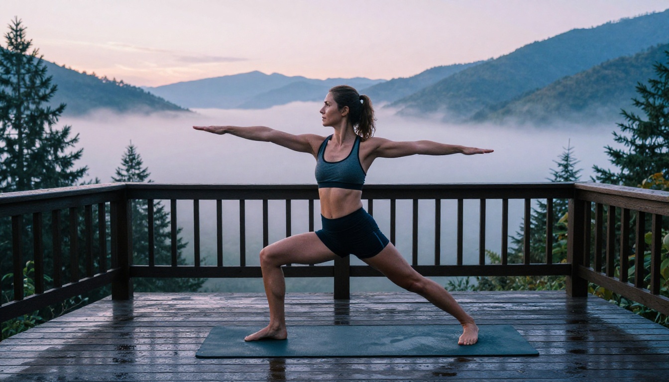 Athletic woman doing yoga on mountain deck at dawn