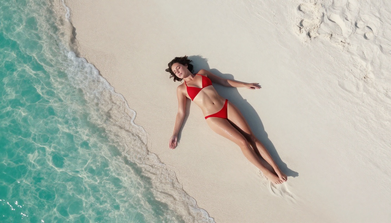 Woman in red bikini photographed from aerial perspective on tropical beach