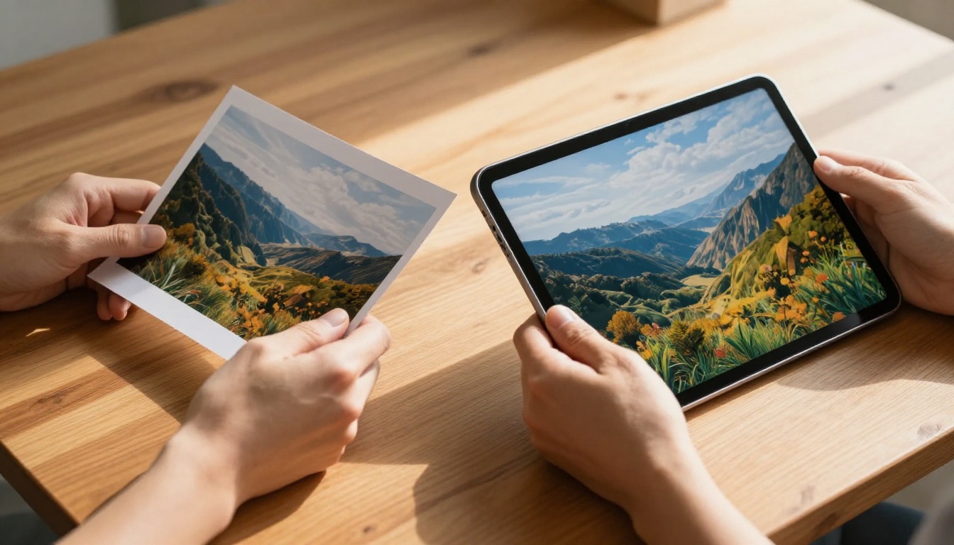 Two hands on a wooden table comparing a printed photograph to a tablet displaying the same scene in stunning AI-enhanced detail