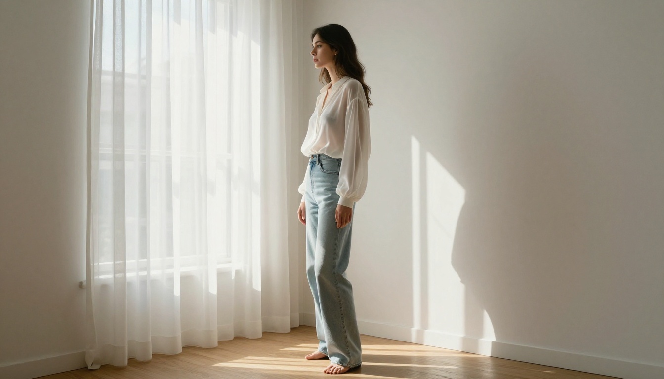 Elegant woman in sheer blouse standing by a sunlit window in minimalist apartment