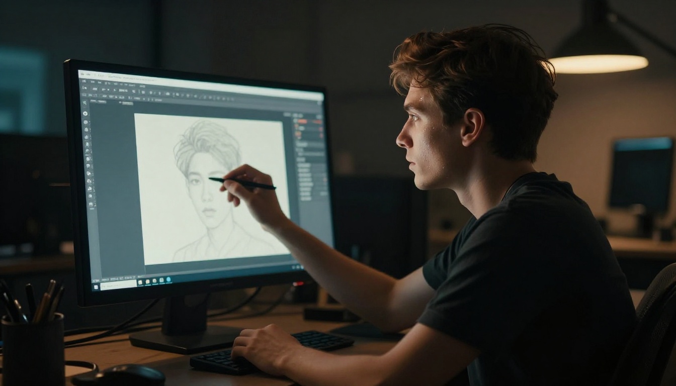 Creative director with stylish short hair reviewing AI-generated artwork on a large touchscreen monitor with dramatic amber rim lighting