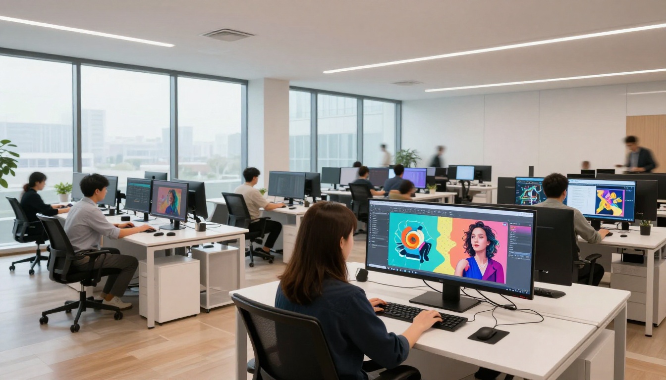 Wide shot of a modern open-plan creative agency office with rows of designers working at dual-monitor setups showing colorful AI-generated visual content