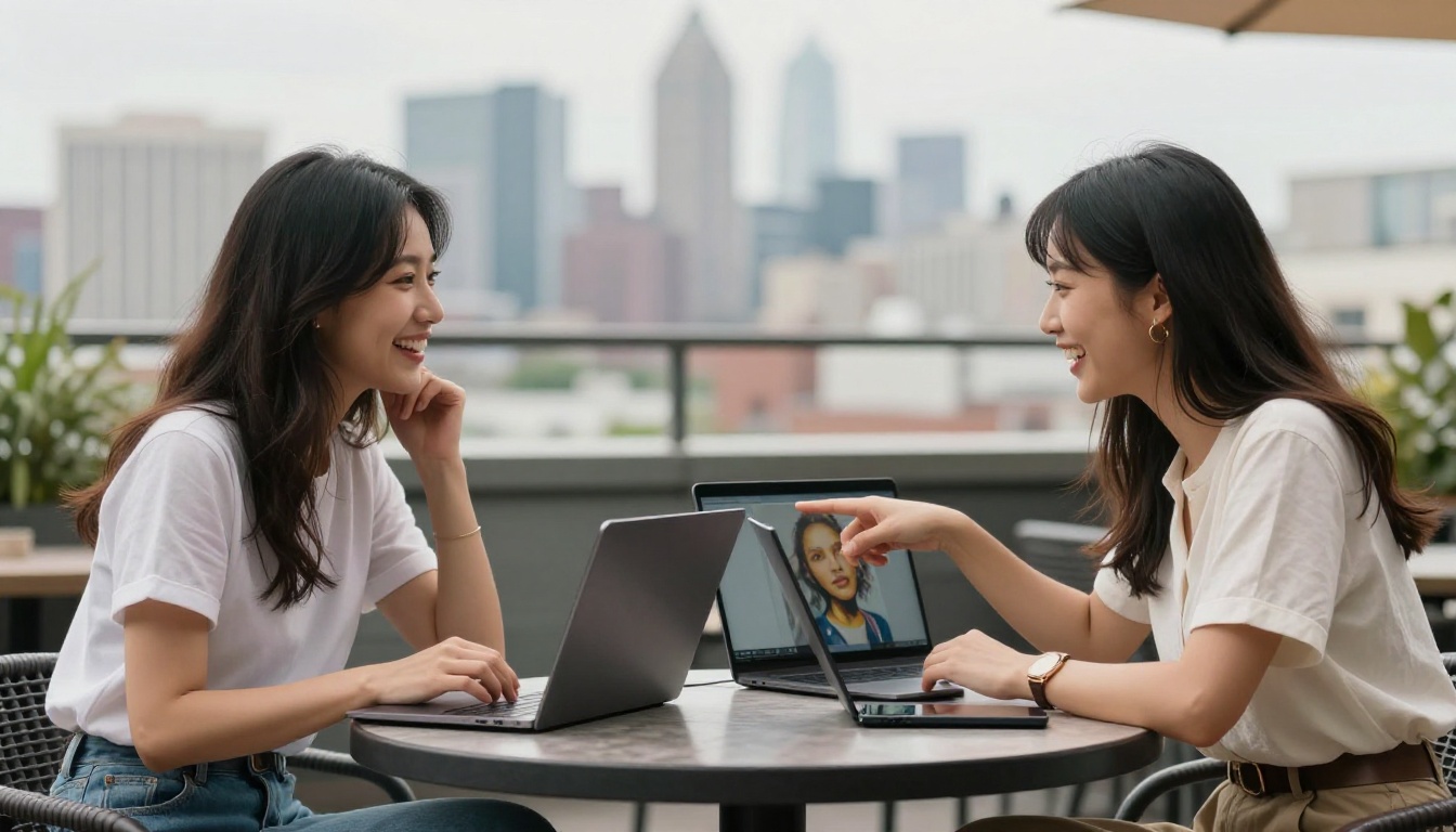 Two women at rooftop cafe laughing over laptops showing AI-generated art