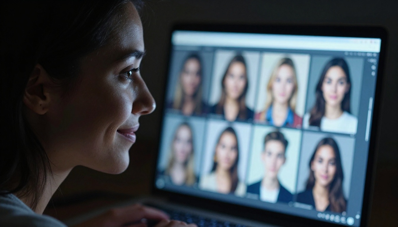Close-up portrait of a woman's face half-illuminated by the soft blue light of a laptop screen in a dark room, natural skin texture visible