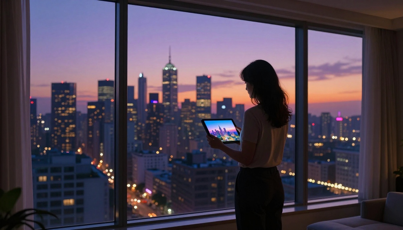 Woman silhouetted against a twilight city skyline at dusk holding a tablet displaying a vibrant AI-generated cityscape that mirrors the view outside