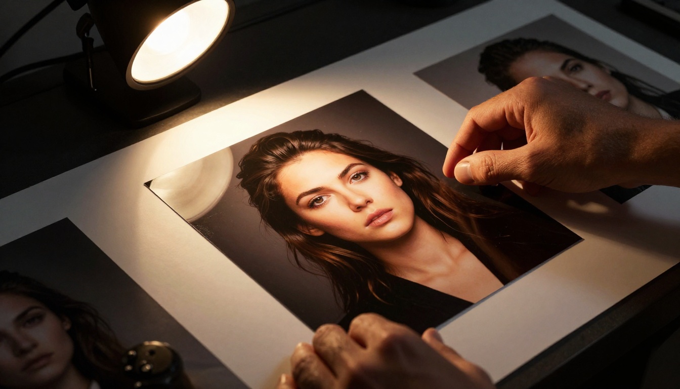 Photographer examining AI-generated portrait prints on a light table in dark studio