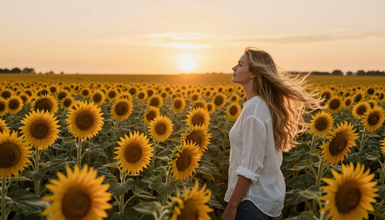 Woman with long blonde hair standing in a sunflower field at golden hour
