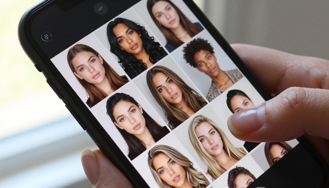 Smartphone screen displaying a grid of photorealistic AI-generated portrait photographs