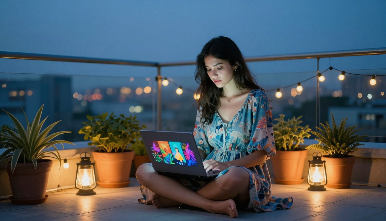 Young woman on a rooftop terrace at dusk with a laptop showing colorful AI-generated images