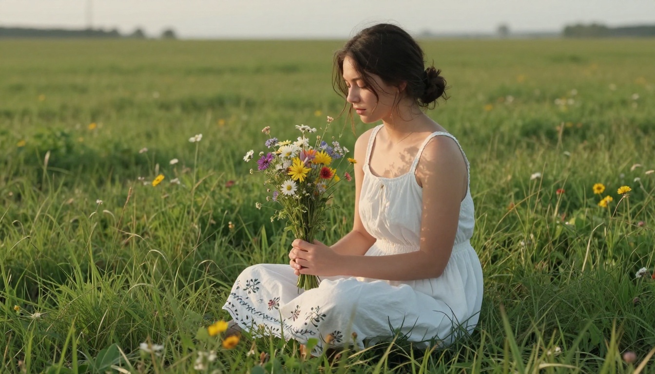 Woman sitting in meadow, soft natural light portrait