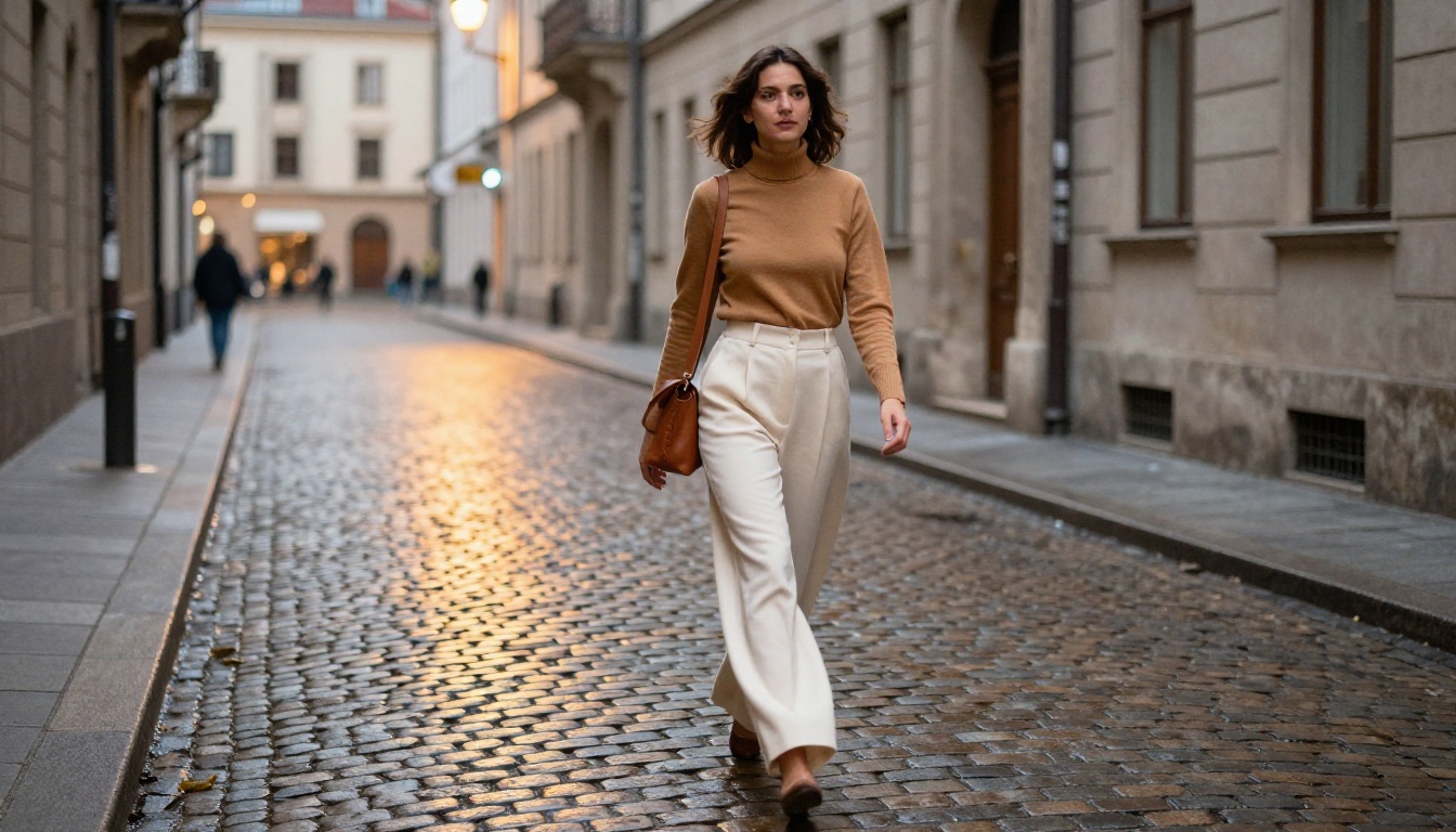 Woman walking on European cobblestone street, dusk photography