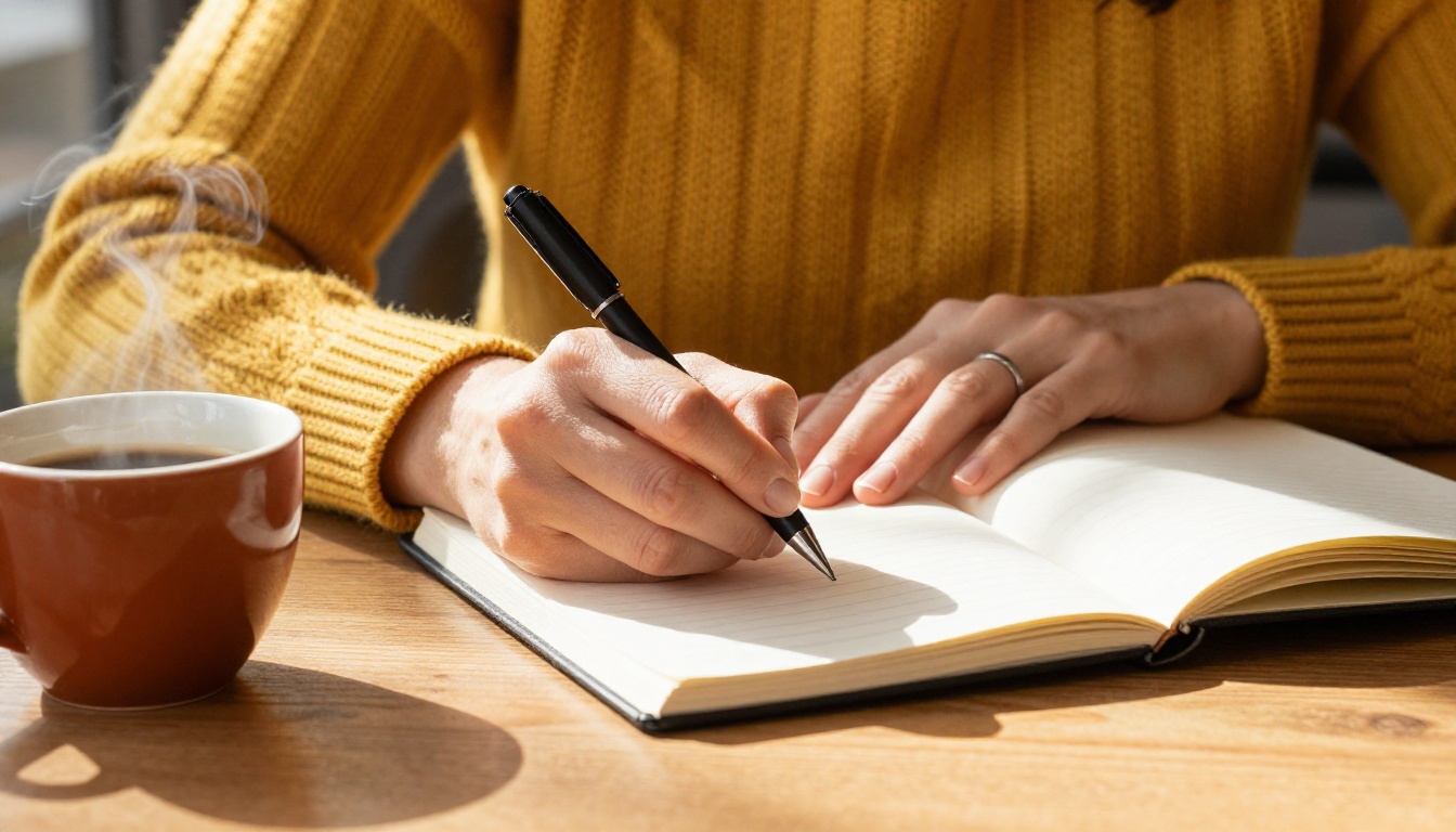 Close-up of woman's hands sketching in café, knit sweater texture