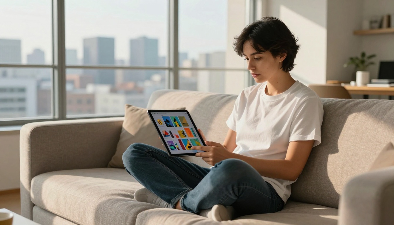 A creative designer working with AI tools on a tablet, showing how affordable platforms enable professional output A creative designer working with AI tools on a tablet, showing how affordable platforms enable professional output