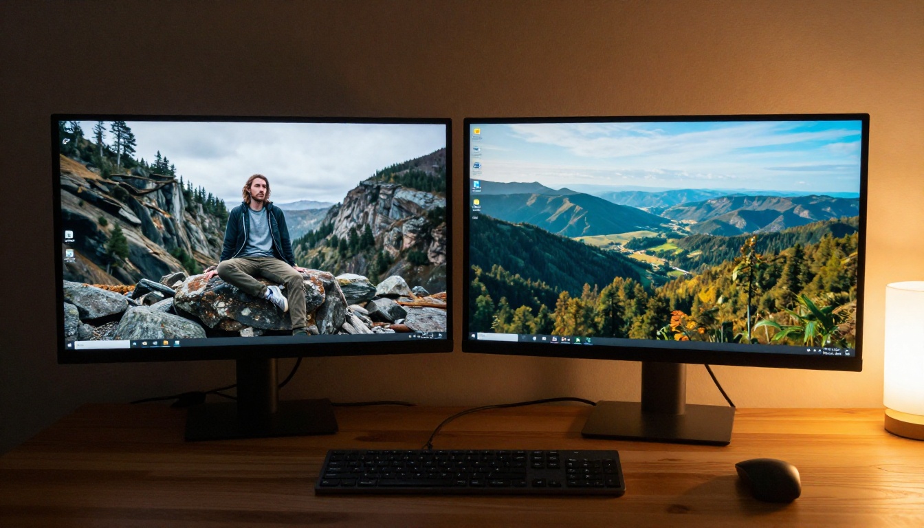 Side-by-side monitor comparison showing different AI image generation results Side-by-side monitor comparison showing different AI image generation results