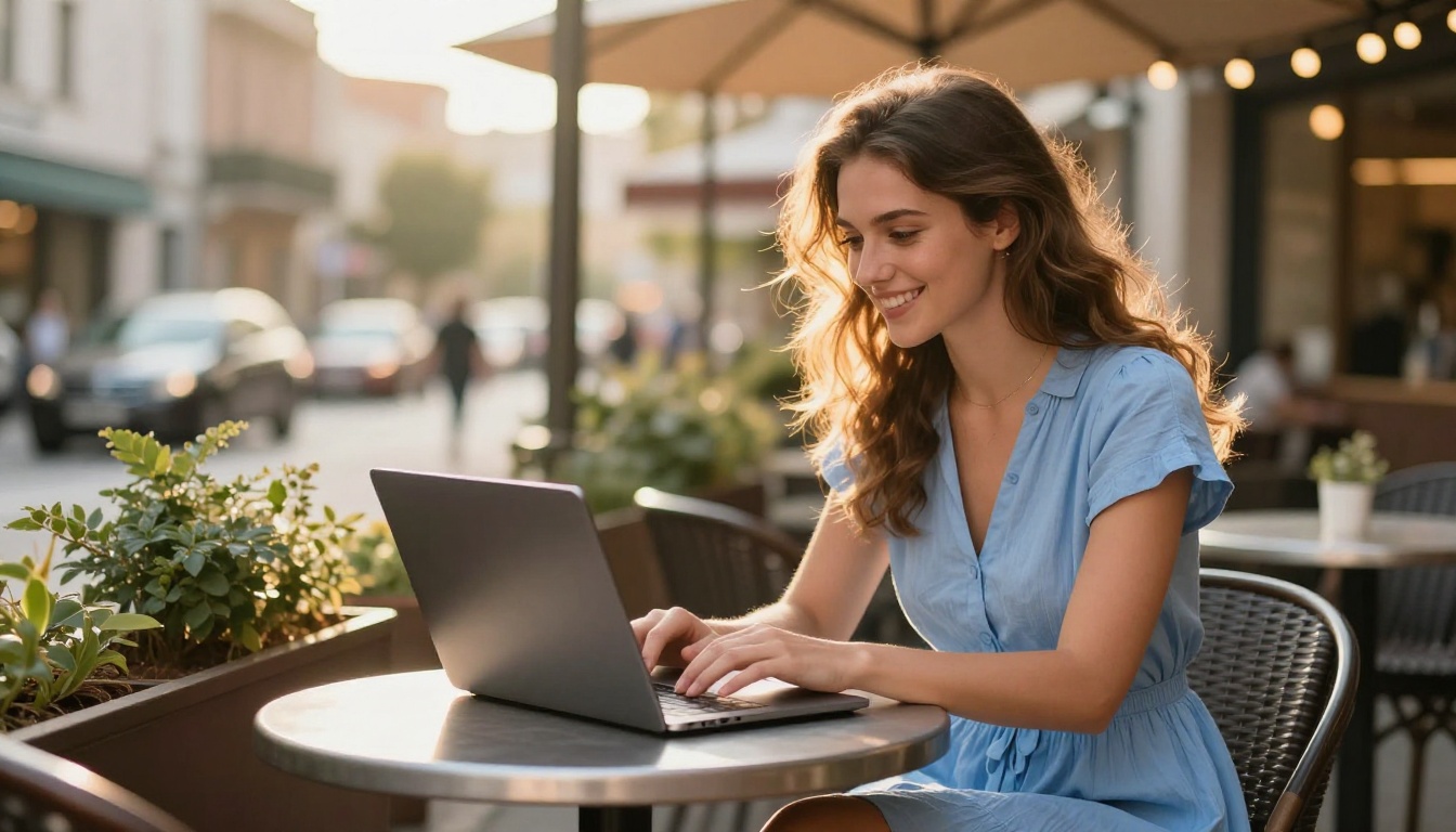 A woman working happily on AI creation tools at an outdoor cafe, representing accessibility of affordable AI platforms