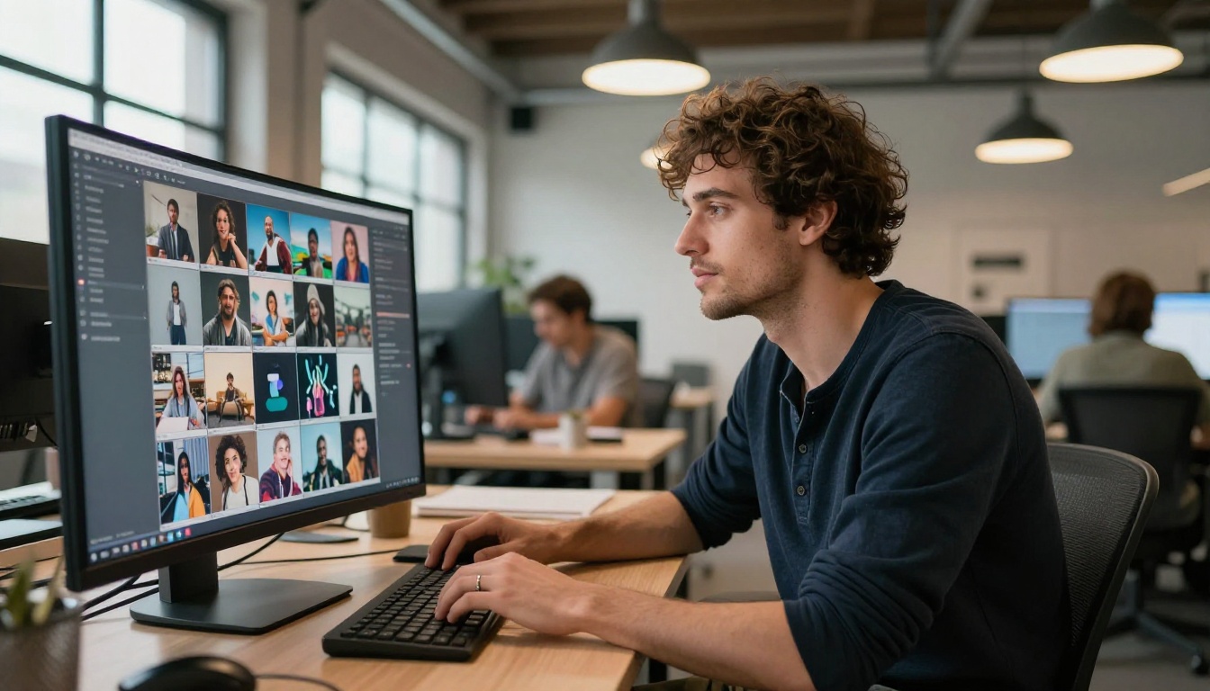 A professional creator reviewing AI-generated images in a co-working space, representing the growing community of affordable AI tool users