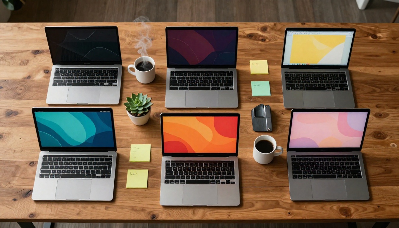 Five laptops with different AI art styles photographed from directly above Five laptops with different AI art styles photographed from directly above