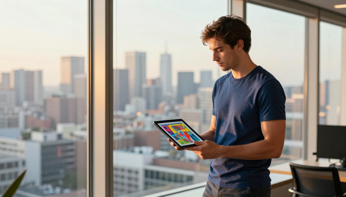 Professional creative with tablet comparing AI image results in a city co-working space Professional creative with tablet comparing AI image results in a city co-working space