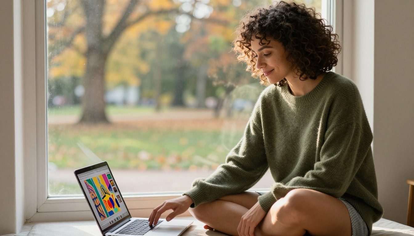 Woman browsing AI image results on laptop by a sunny autumn window Woman browsing AI image results on laptop by a sunny autumn window