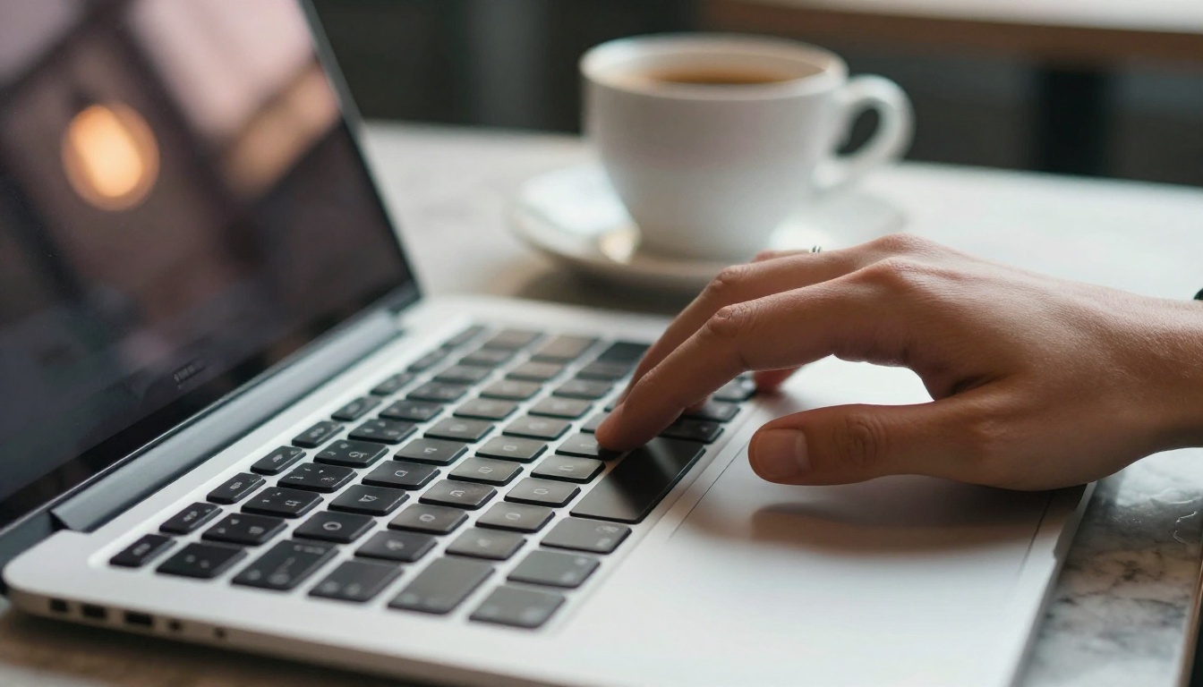 Close-up of fingers typing on a MacBook at a marble cafe table with espresso blurred behind
