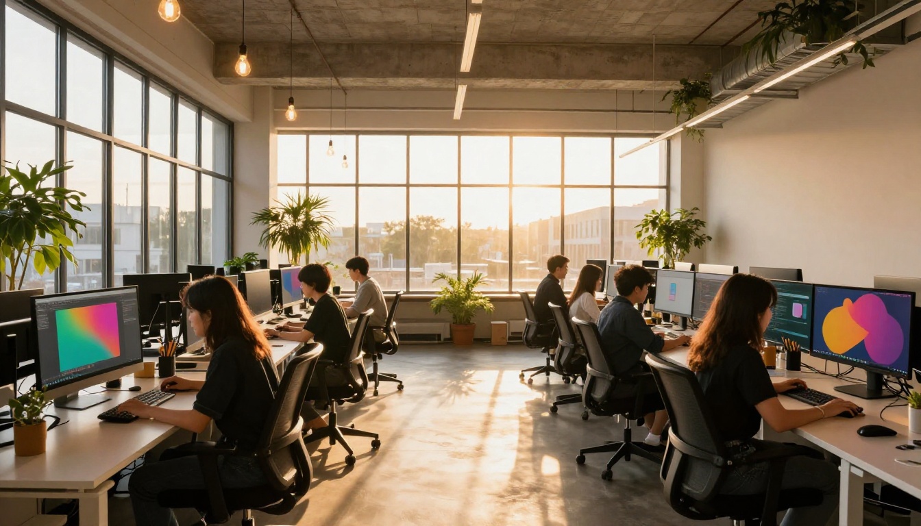 Creative agency team at dual monitors with warm golden hour light flooding through windows
