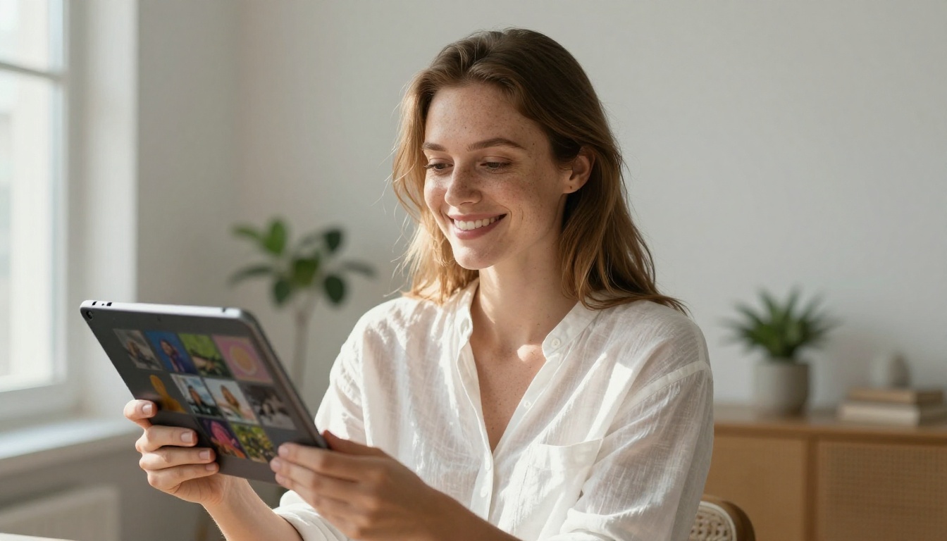 Portrait of a smiling creative professional holding a tablet in a bright minimalist studio
