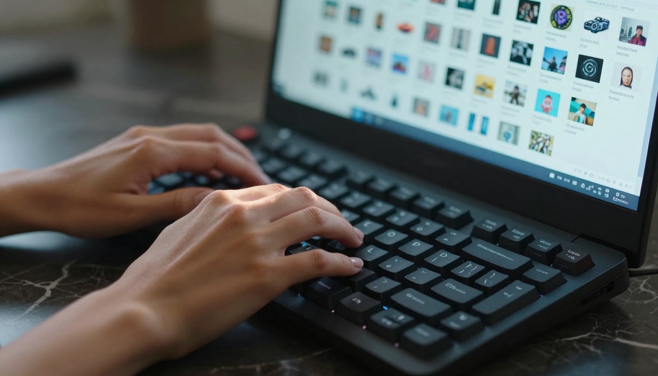Hands typing on keyboard with AI model gallery on screen Hands typing on keyboard with AI model gallery on screen