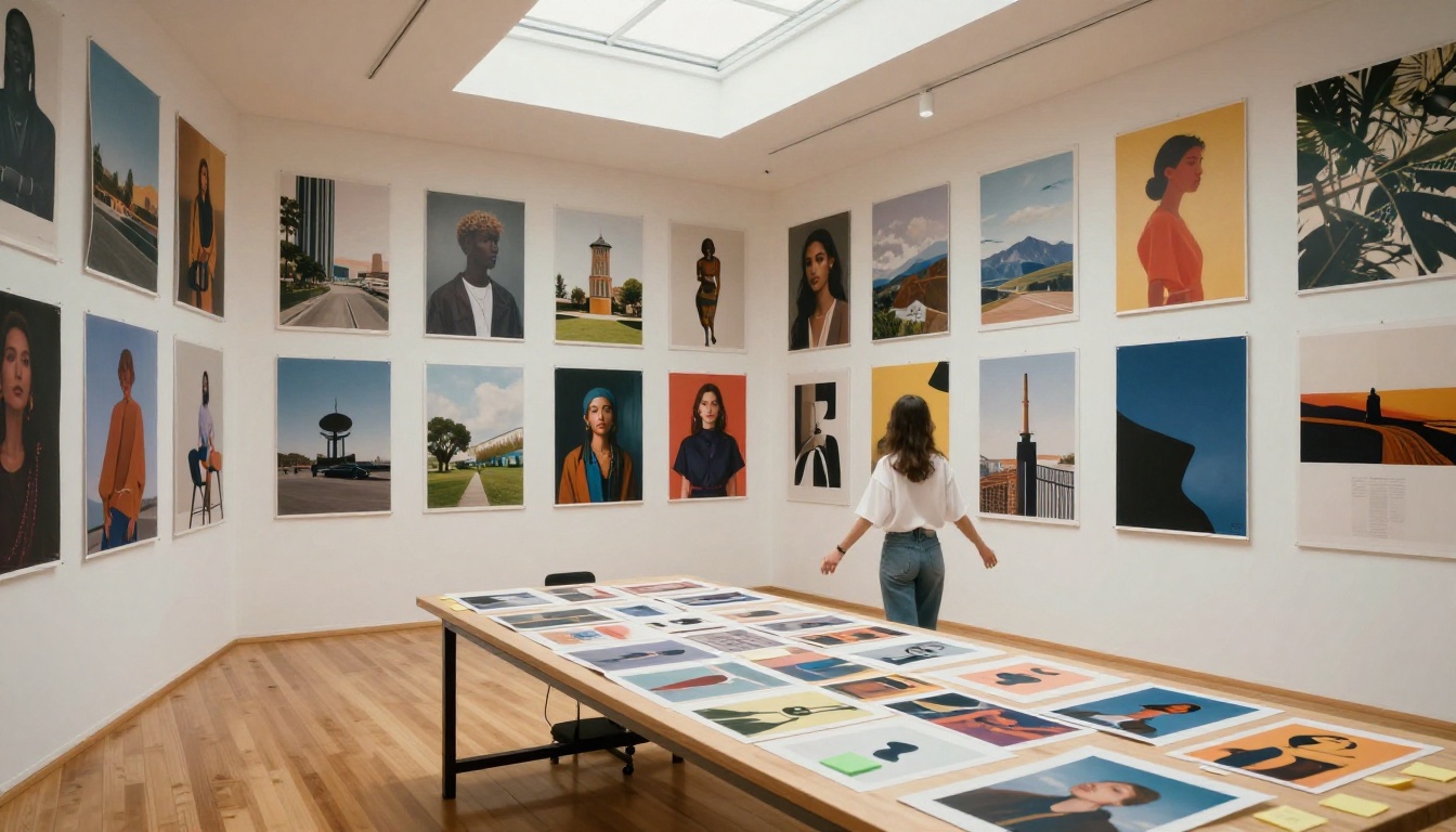 Studio gallery wall covered in diverse AI-generated art prints Studio gallery wall covered in diverse AI-generated art prints