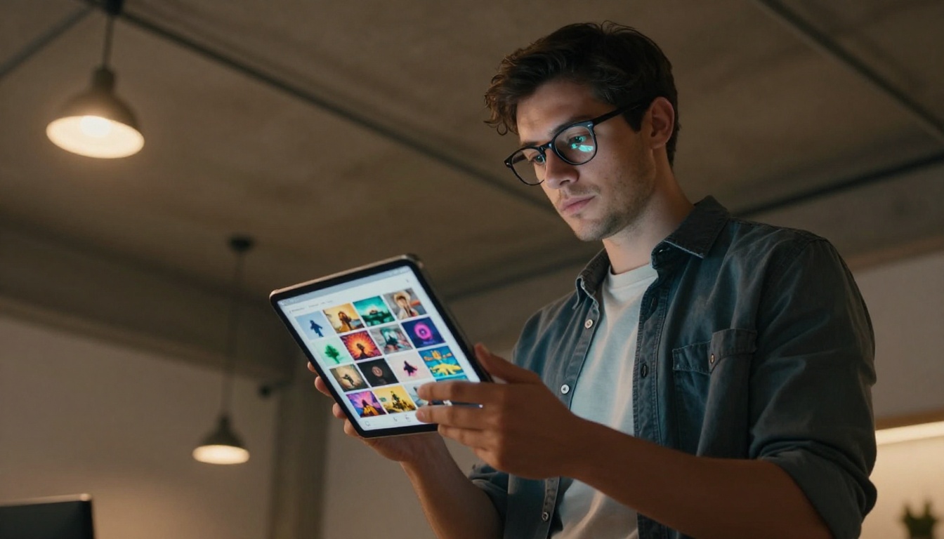 Man with glasses browsing AI model gallery on tablet in open-plan office Man with glasses browsing AI model gallery on tablet in open-plan office