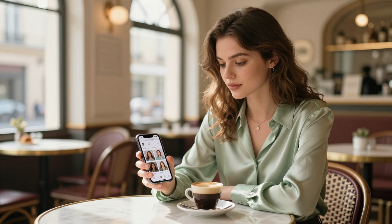 Young woman at Parisian cafe browsing AI image gallery on smartphone