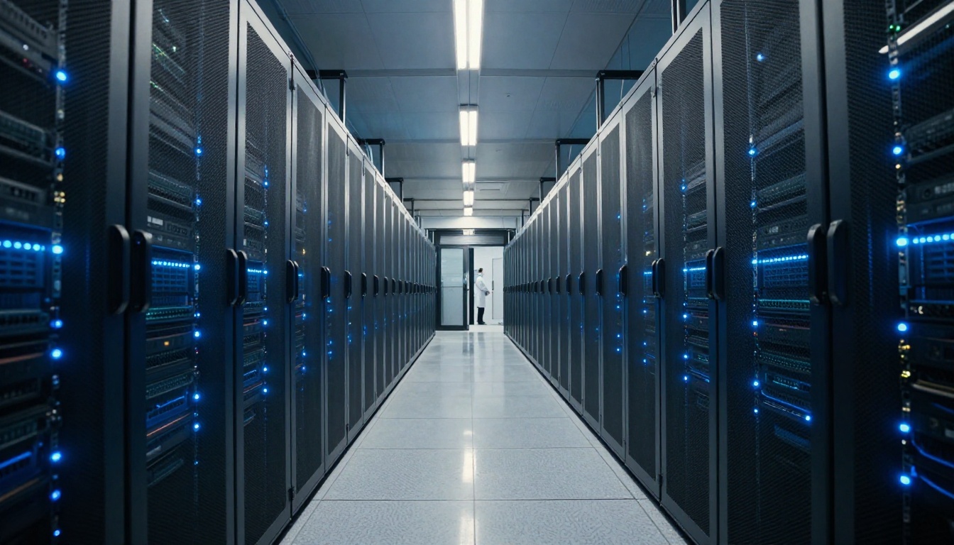 Data center corridor with symmetric rows of illuminated server racks